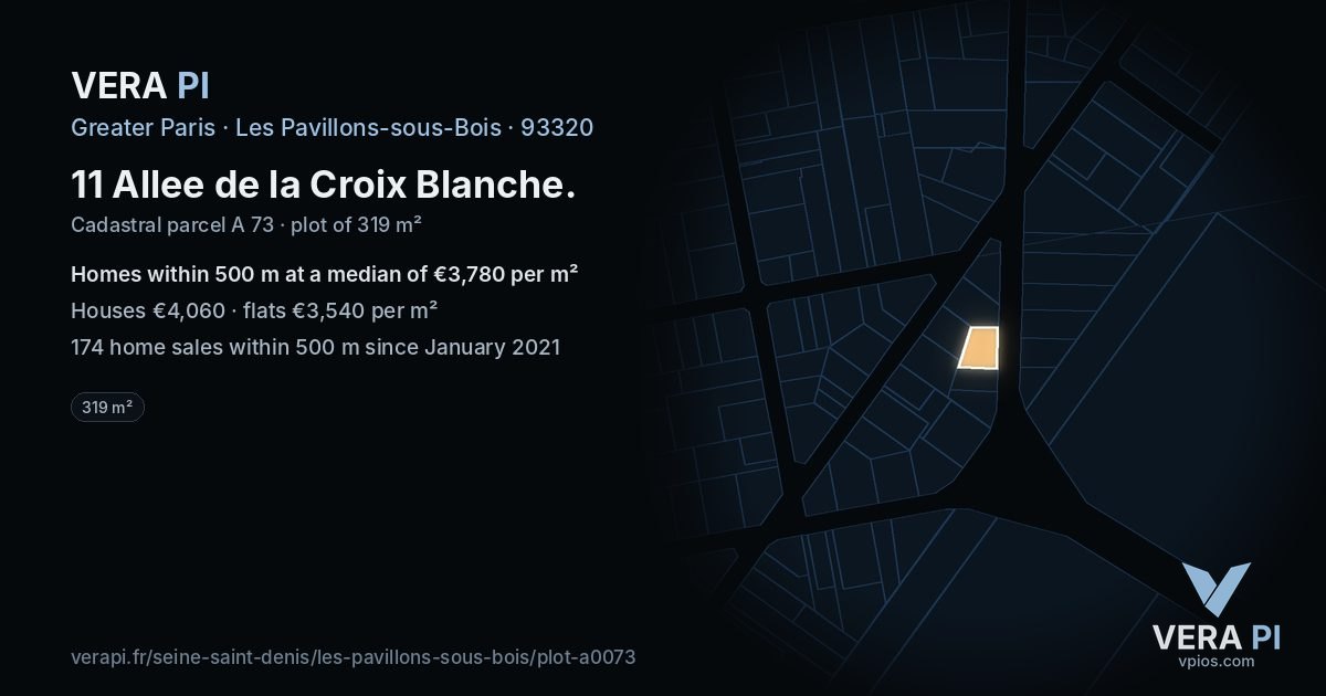 11 Allee de la Croix Blanche, Les Pavillons-sous-Bois at night – the plot lit, the parcels around coloured by the prices near them
