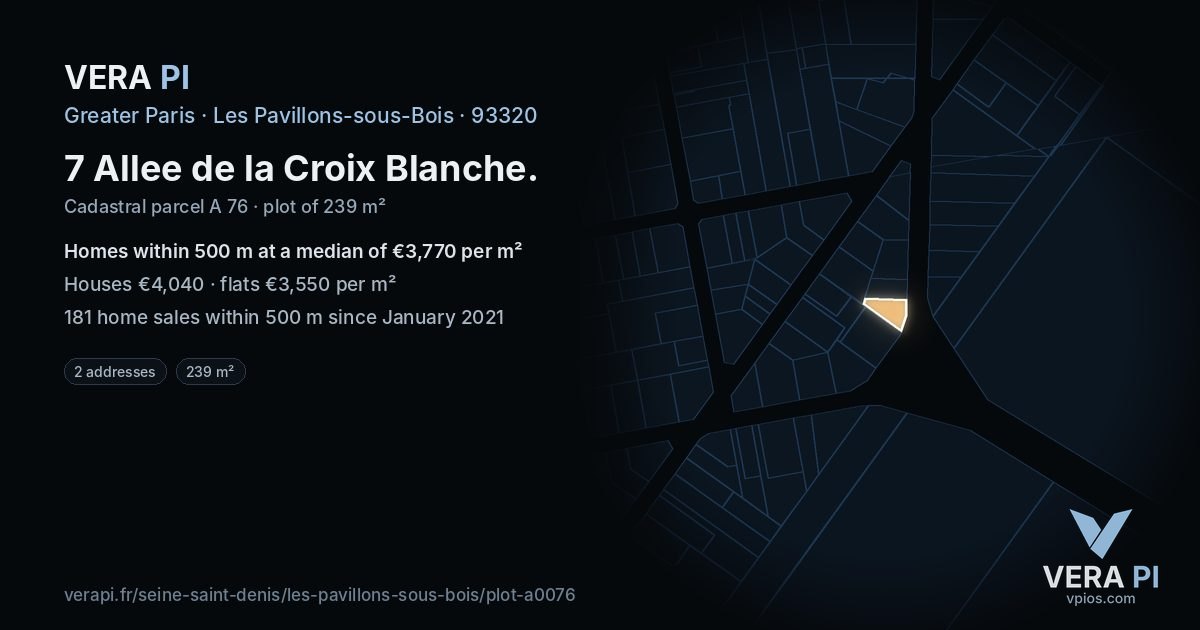 7 Allee de la Croix Blanche, Les Pavillons-sous-Bois at night – the plot lit, the parcels around coloured by the prices near them