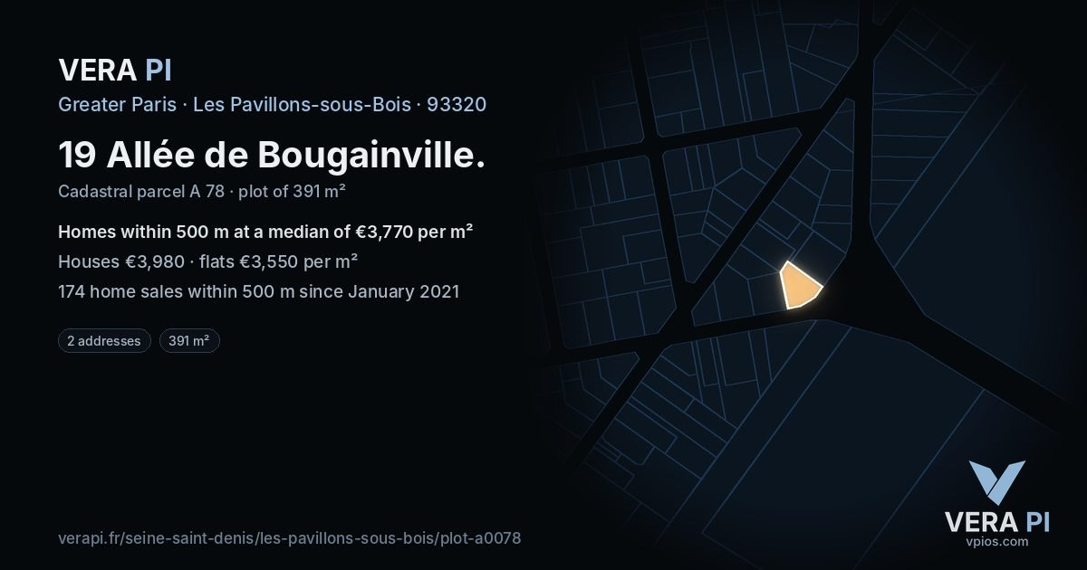 19 Allée de Bougainville, Les Pavillons-sous-Bois at night – the plot lit, the parcels around coloured by the prices near them
