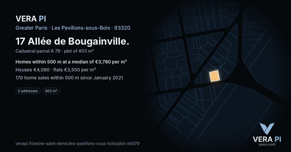17 Allée de Bougainville, Les Pavillons-sous-Bois at night – the plot lit, the parcels around coloured by the prices near them