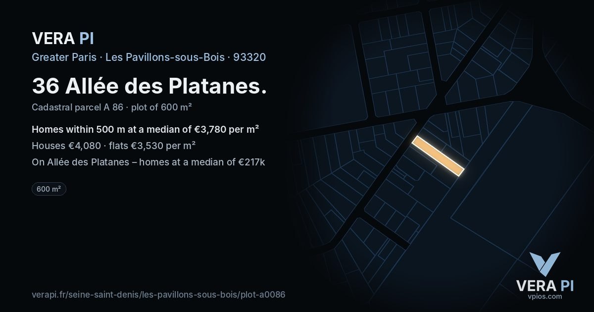 36 Allée des Platanes, Les Pavillons-sous-Bois at night – the plot lit, the parcels around coloured by the prices near them