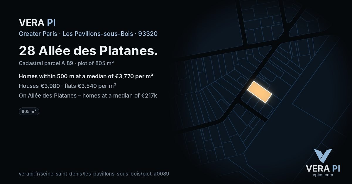 28 Allée des Platanes, Les Pavillons-sous-Bois at night – the plot lit, the parcels around coloured by the prices near them