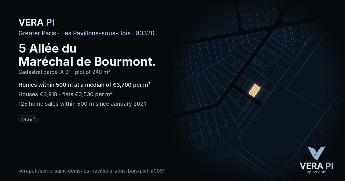 5 Allée du Maréchal de Bourmont, Les Pavillons-sous-Bois at night – the plot lit, the parcels around coloured by the prices near them