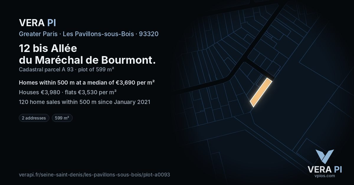 12 bis Allée du Maréchal de Bourmont, Les Pavillons-sous-Bois at night – the plot lit, the parcels around coloured by the prices near them