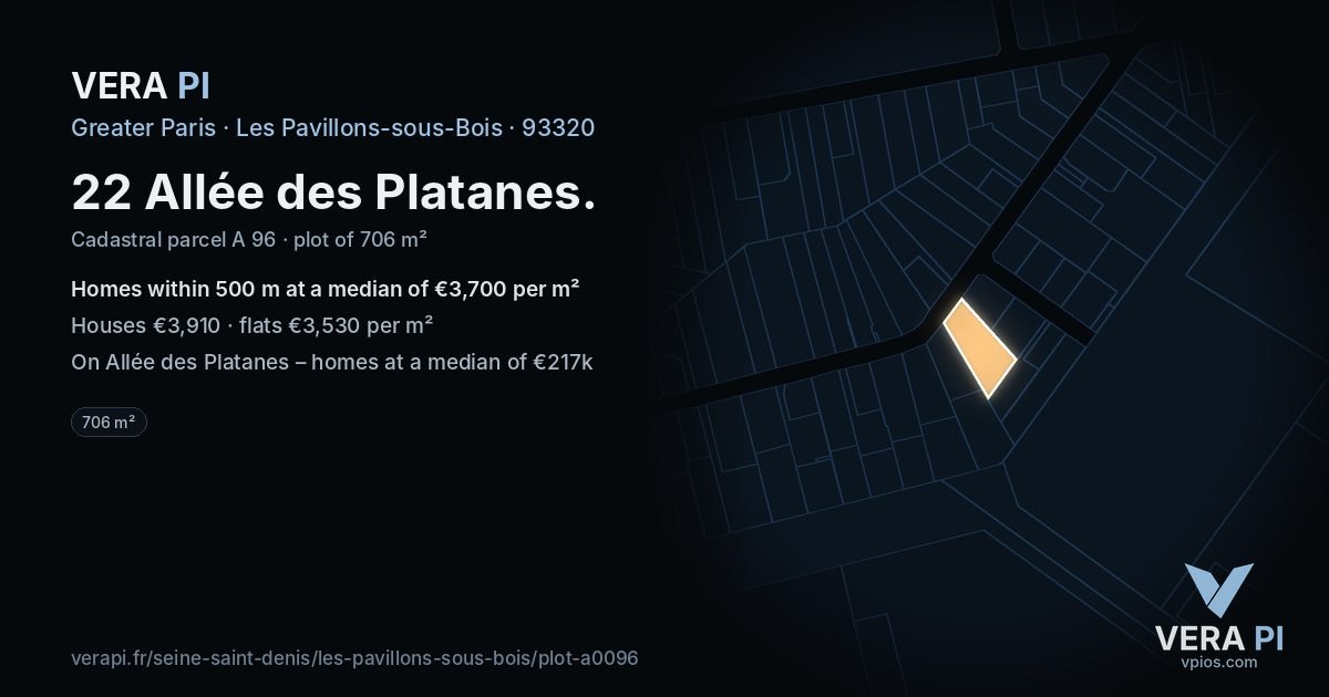 22 Allée des Platanes, Les Pavillons-sous-Bois at night – the plot lit, the parcels around coloured by the prices near them