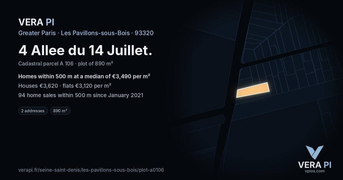 4 Allee du 14 Juillet, Les Pavillons-sous-Bois at night – the plot lit, the parcels around coloured by the prices near them