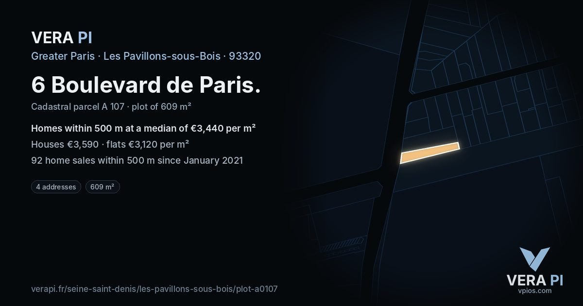 6 Boulevard de Paris, Les Pavillons-sous-Bois at night – the plot lit, the parcels around coloured by the prices near them