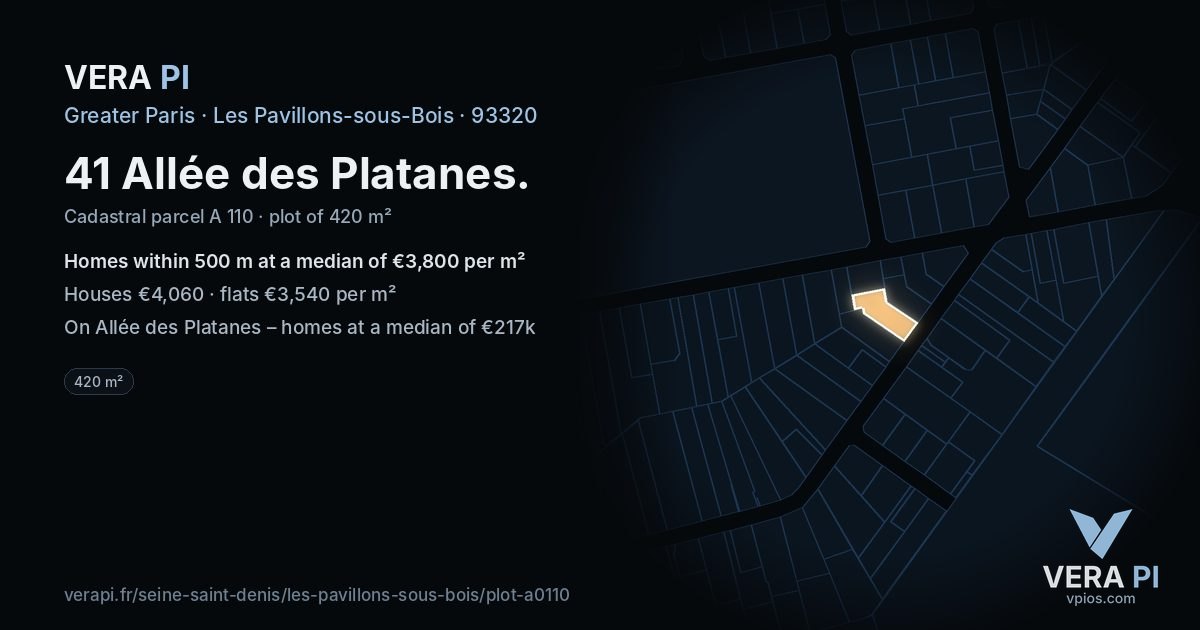 41 Allée des Platanes, Les Pavillons-sous-Bois at night – the plot lit, the parcels around coloured by the prices near them