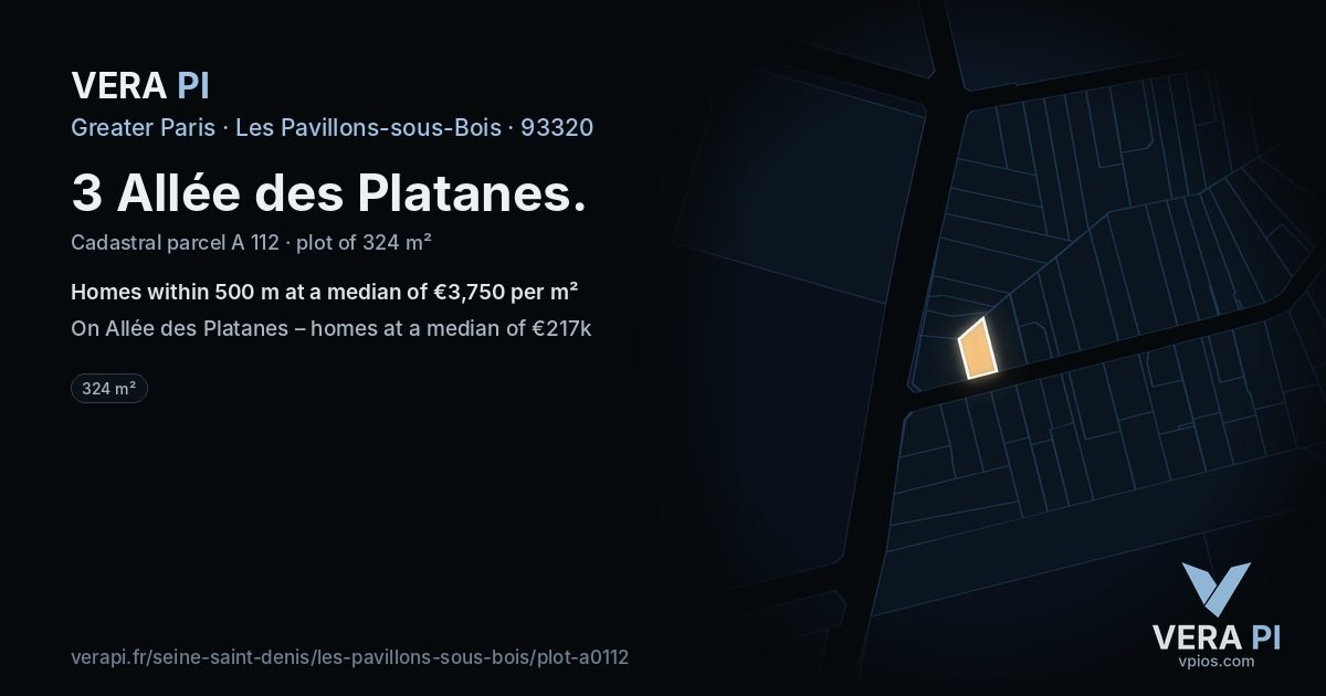 3 Allée des Platanes, Les Pavillons-sous-Bois at night – the plot lit, the parcels around coloured by the prices near them
