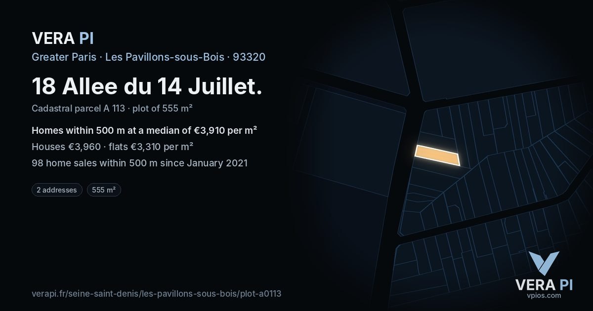 18 Allee du 14 Juillet, Les Pavillons-sous-Bois at night – the plot lit, the parcels around coloured by the prices near them