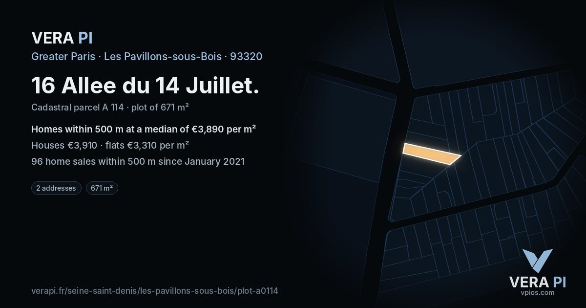 16 Allee du 14 Juillet, Les Pavillons-sous-Bois at night – the plot lit, the parcels around coloured by the prices near them