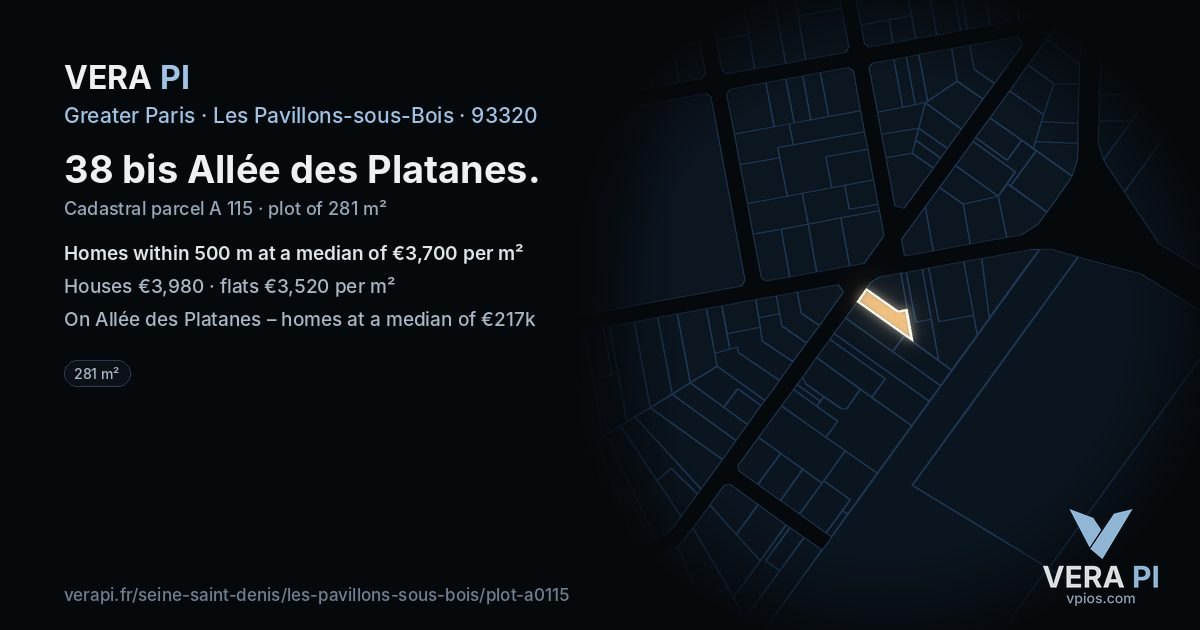 38 bis Allée des Platanes, Les Pavillons-sous-Bois at night – the plot lit, the parcels around coloured by the prices near them