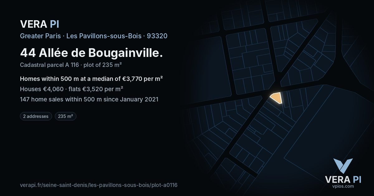 44 Allée de Bougainville, Les Pavillons-sous-Bois at night – the plot lit, the parcels around coloured by the prices near them