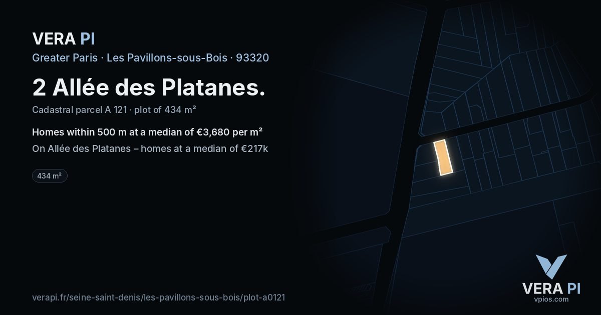 2 Allée des Platanes, Les Pavillons-sous-Bois at night – the plot lit, the parcels around coloured by the prices near them