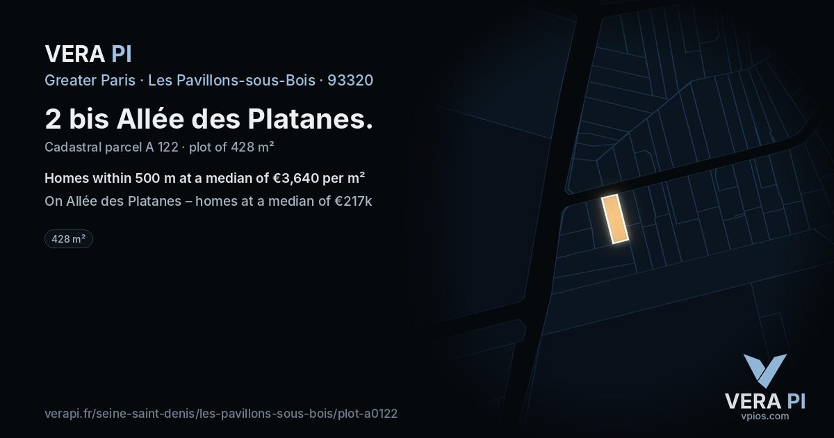 2 bis Allée des Platanes, Les Pavillons-sous-Bois at night – the plot lit, the parcels around coloured by the prices near them