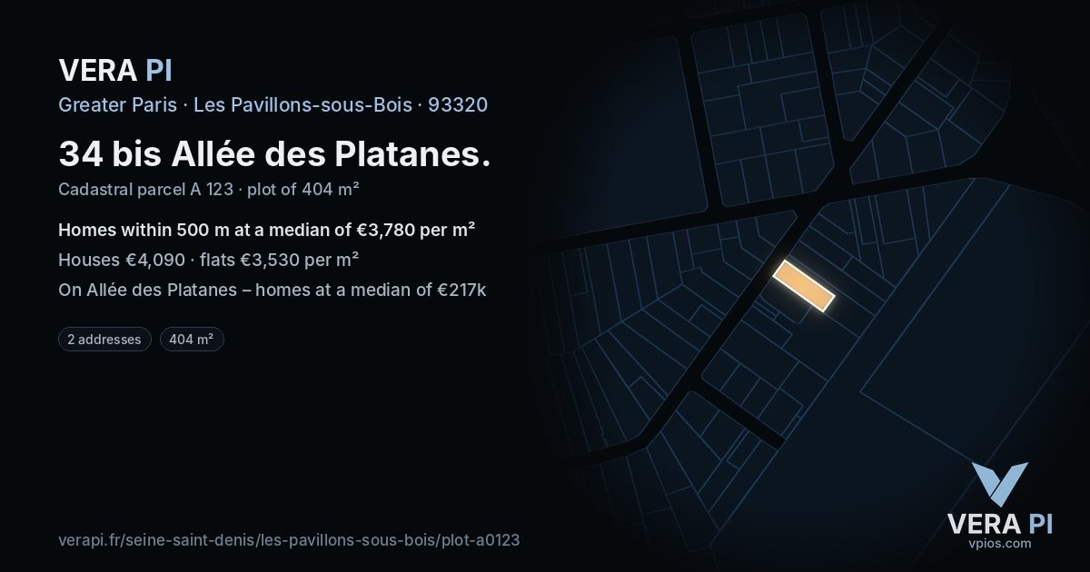 34 bis Allée des Platanes, Les Pavillons-sous-Bois at night – the plot lit, the parcels around coloured by the prices near them