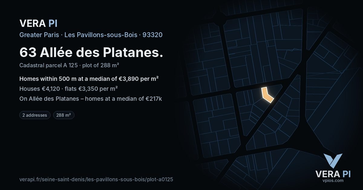 63 Allée des Platanes, Les Pavillons-sous-Bois at night – the plot lit, the parcels around coloured by the prices near them