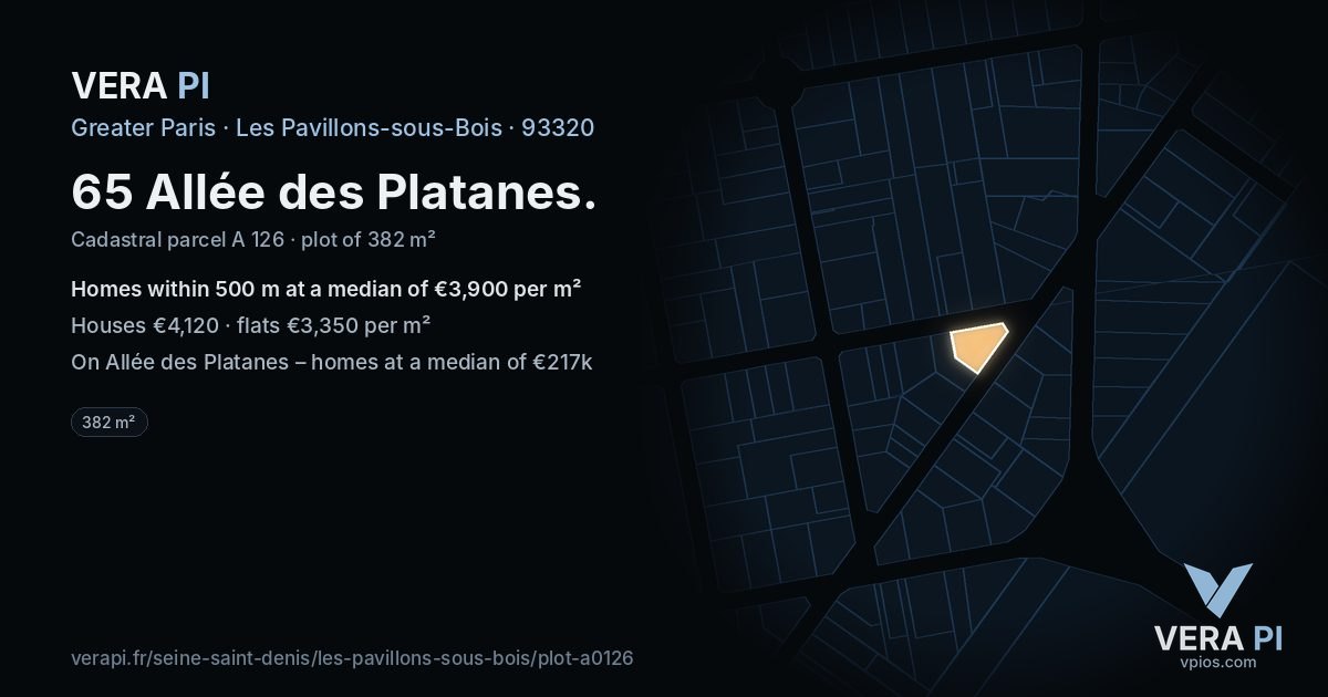65 Allée des Platanes, Les Pavillons-sous-Bois at night – the plot lit, the parcels around coloured by the prices near them