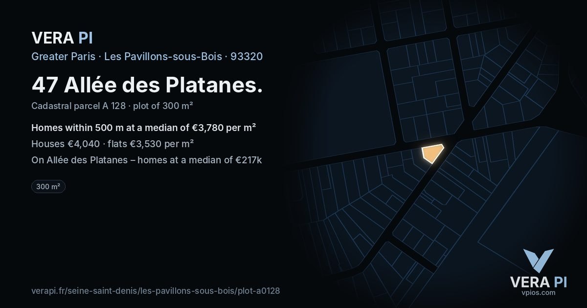 47 Allée des Platanes, Les Pavillons-sous-Bois at night – the plot lit, the parcels around coloured by the prices near them