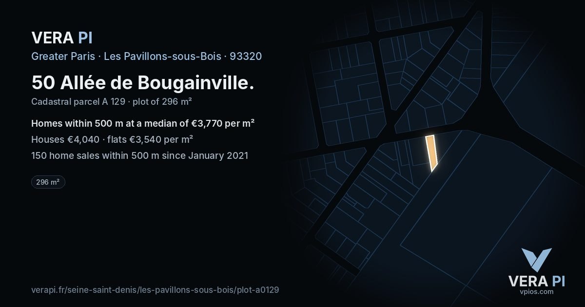 50 Allée de Bougainville, Les Pavillons-sous-Bois at night – the plot lit, the parcels around coloured by the prices near them