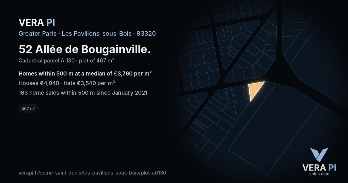 52 Allée de Bougainville, Les Pavillons-sous-Bois at night – the plot lit, the parcels around coloured by the prices near them