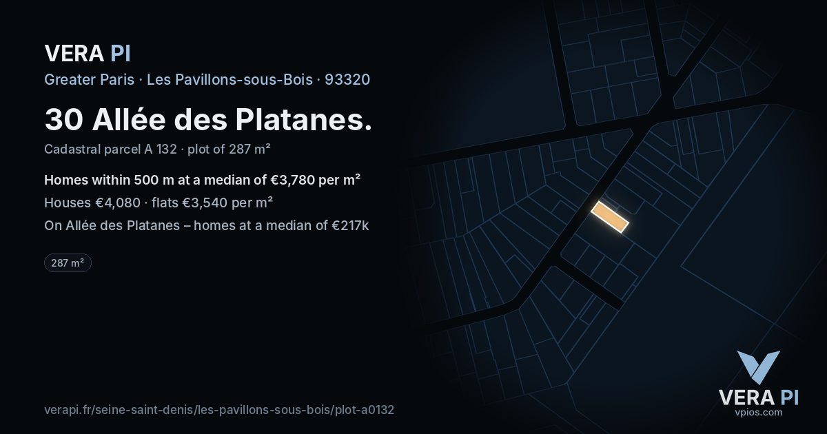 30 Allée des Platanes, Les Pavillons-sous-Bois at night – the plot lit, the parcels around coloured by the prices near them