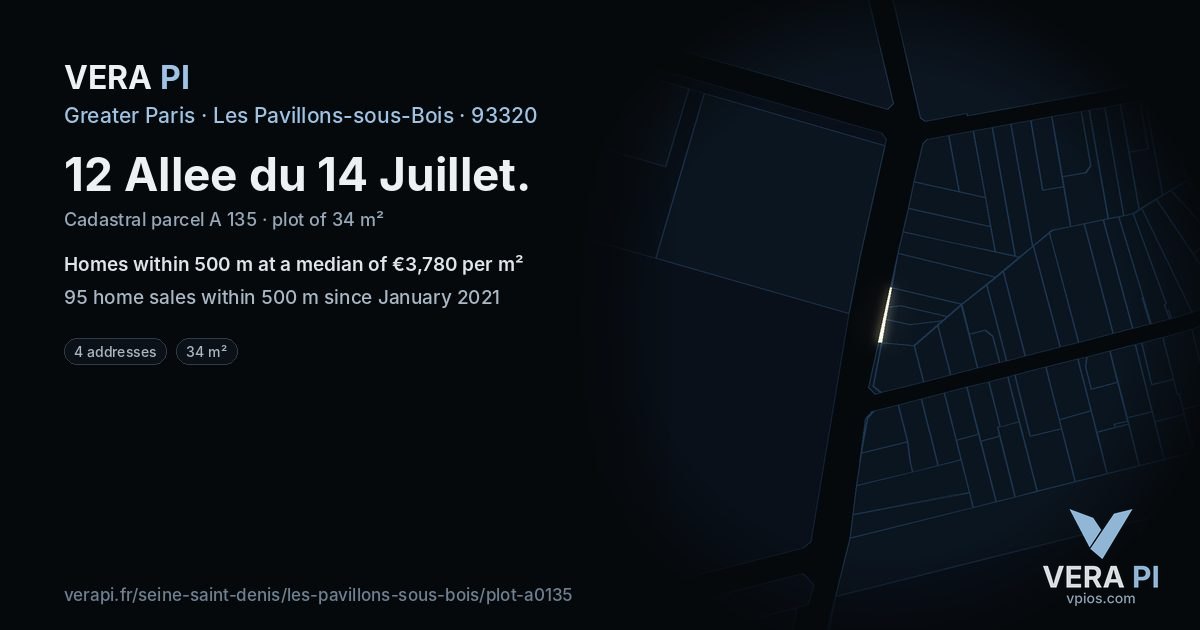 12 Allee du 14 Juillet, Les Pavillons-sous-Bois at night – the plot lit, the parcels around coloured by the prices near them