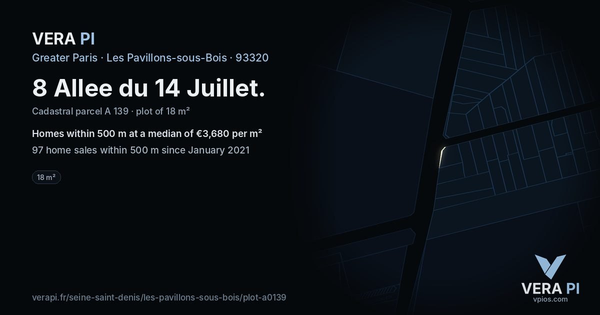 8 Allee du 14 Juillet, Les Pavillons-sous-Bois at night – the plot lit, the parcels around coloured by the prices near them