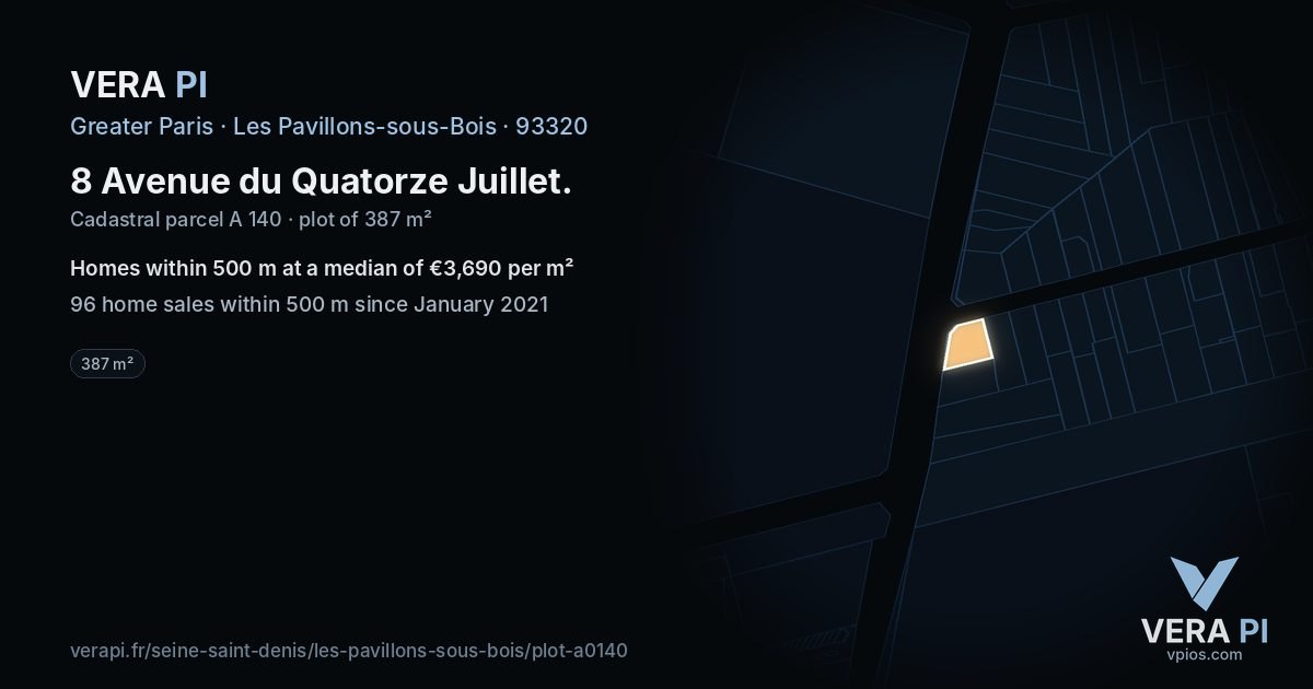 8 Avenue du Quatorze Juillet, Les Pavillons-sous-Bois at night – the plot lit, the parcels around coloured by the prices near them