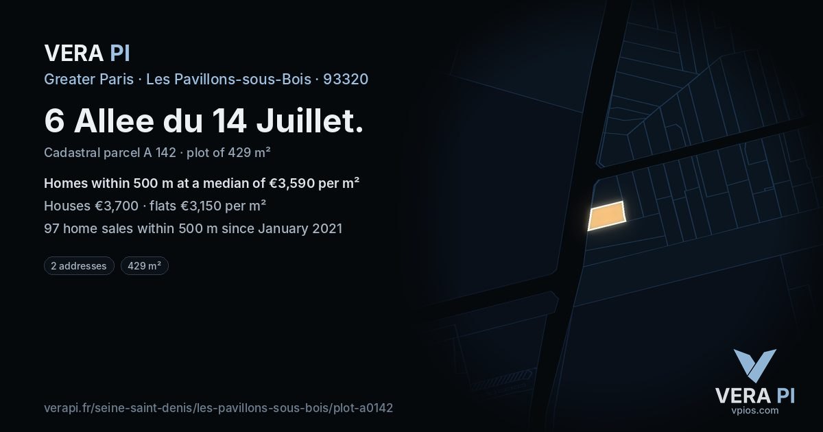 6 Allee du 14 Juillet, Les Pavillons-sous-Bois at night – the plot lit, the parcels around coloured by the prices near them