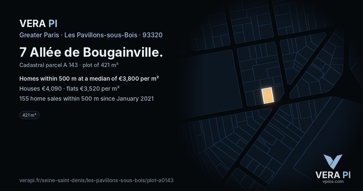 7 Allée de Bougainville, Les Pavillons-sous-Bois at night – the plot lit, the parcels around coloured by the prices near them