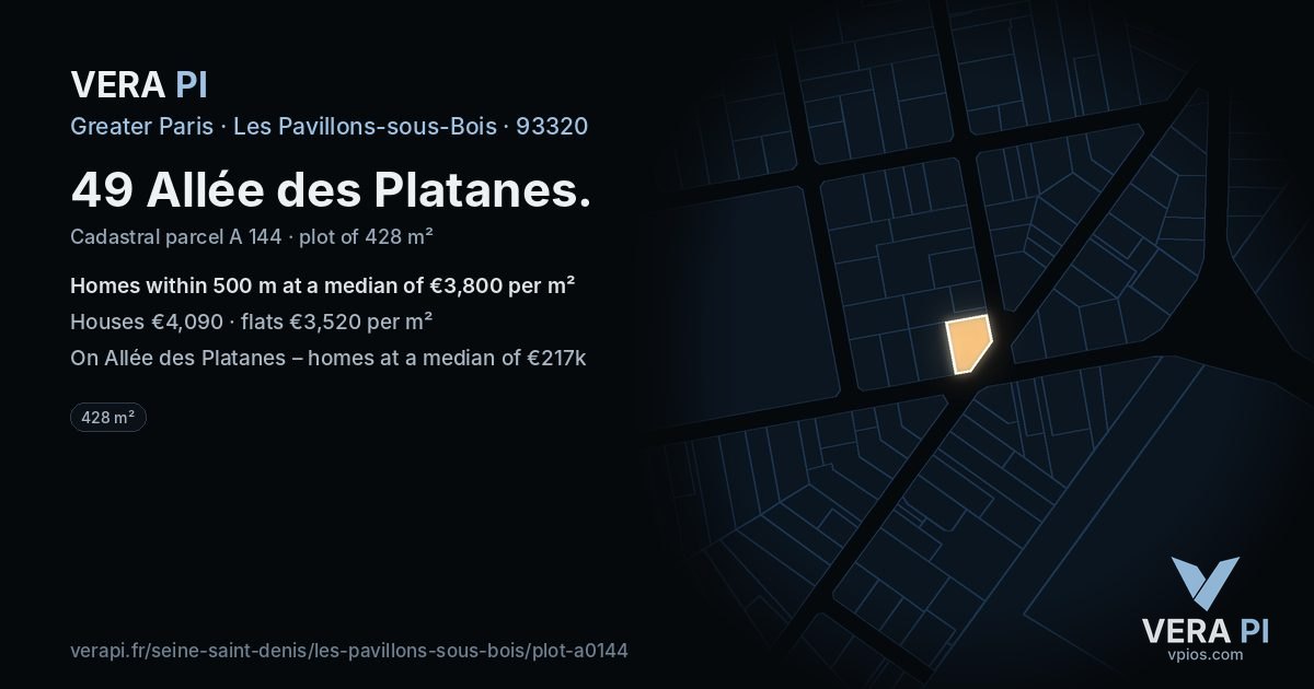 49 Allée des Platanes, Les Pavillons-sous-Bois at night – the plot lit, the parcels around coloured by the prices near them