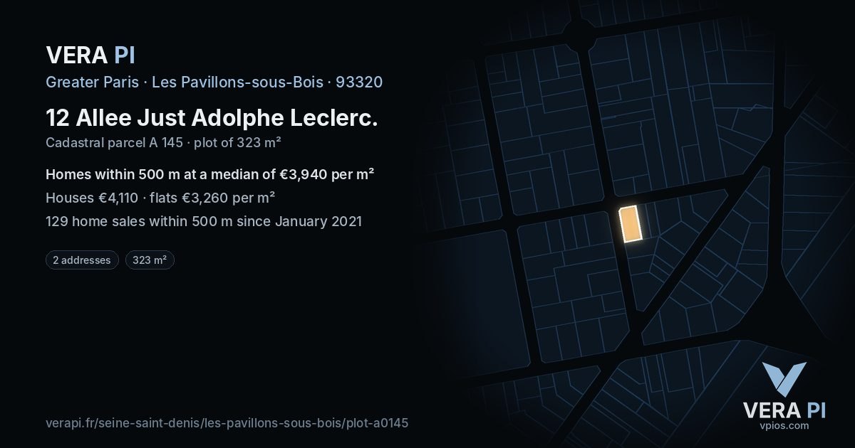 12 Allee Just Adolphe Leclerc, Les Pavillons-sous-Bois at night – the plot lit, the parcels around coloured by the prices near them