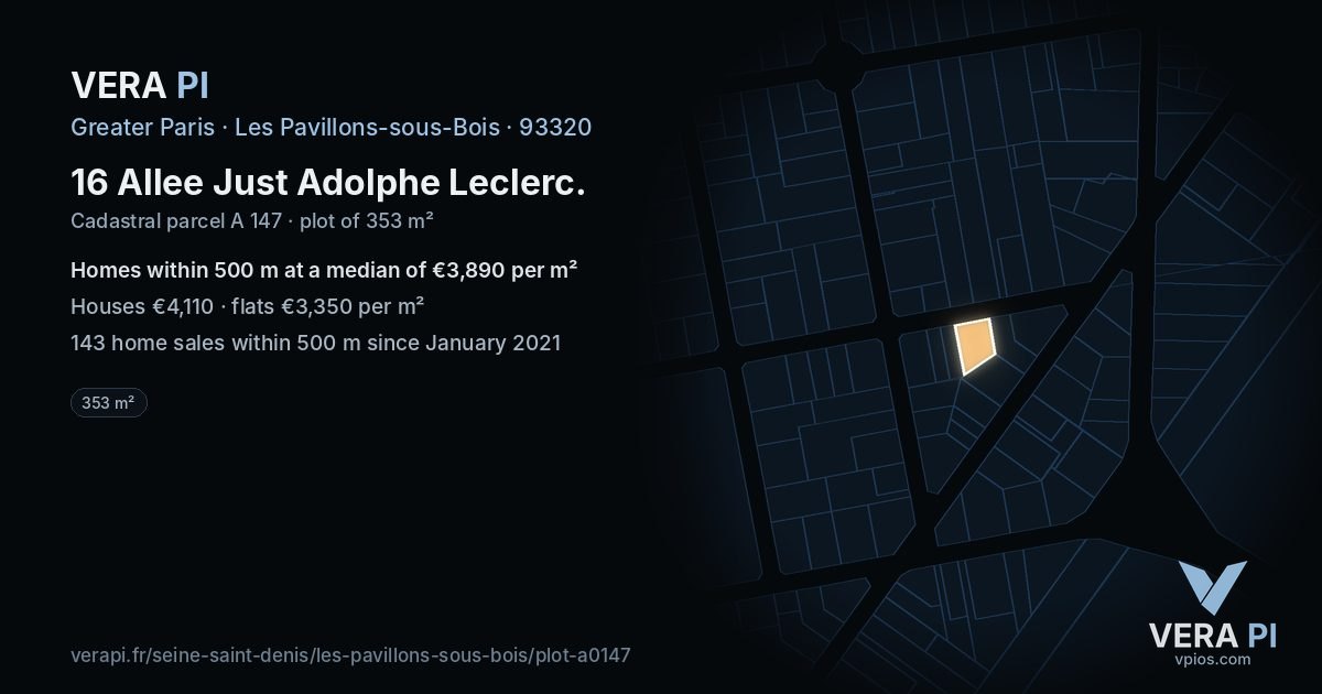 16 Allee Just Adolphe Leclerc, Les Pavillons-sous-Bois at night – the plot lit, the parcels around coloured by the prices near them