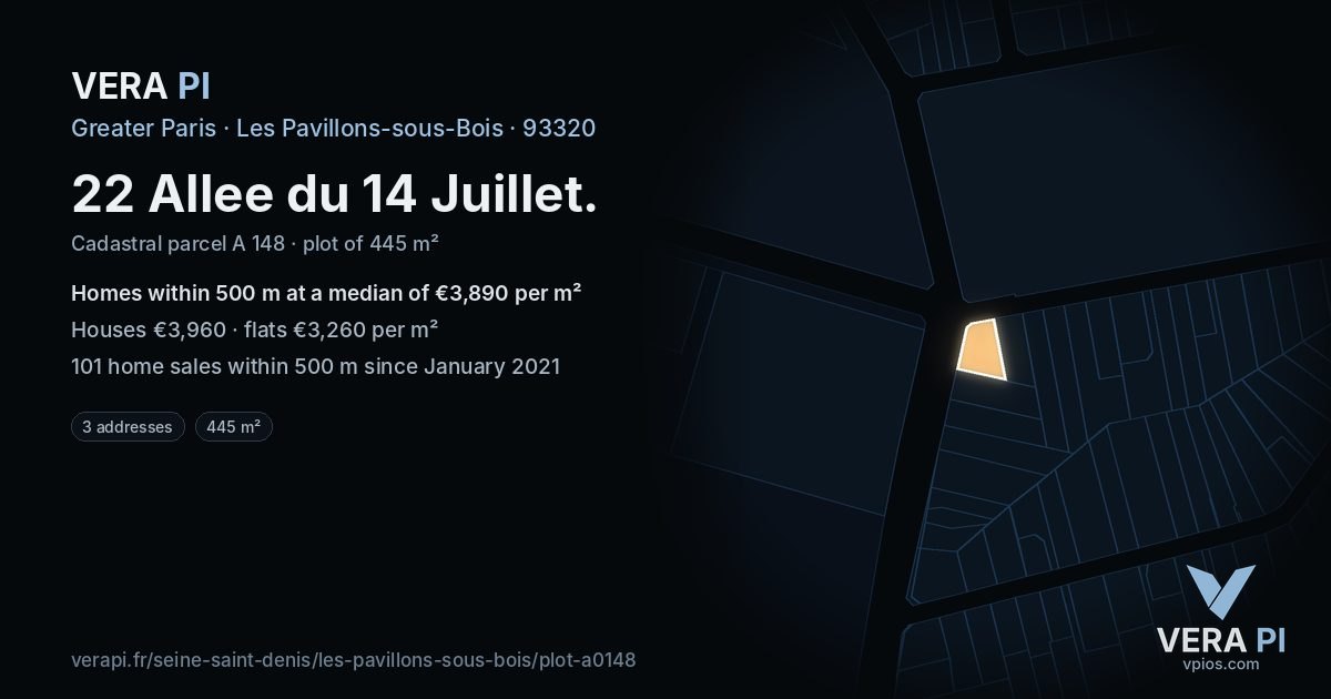 22 Allee du 14 Juillet, Les Pavillons-sous-Bois at night – the plot lit, the parcels around coloured by the prices near them