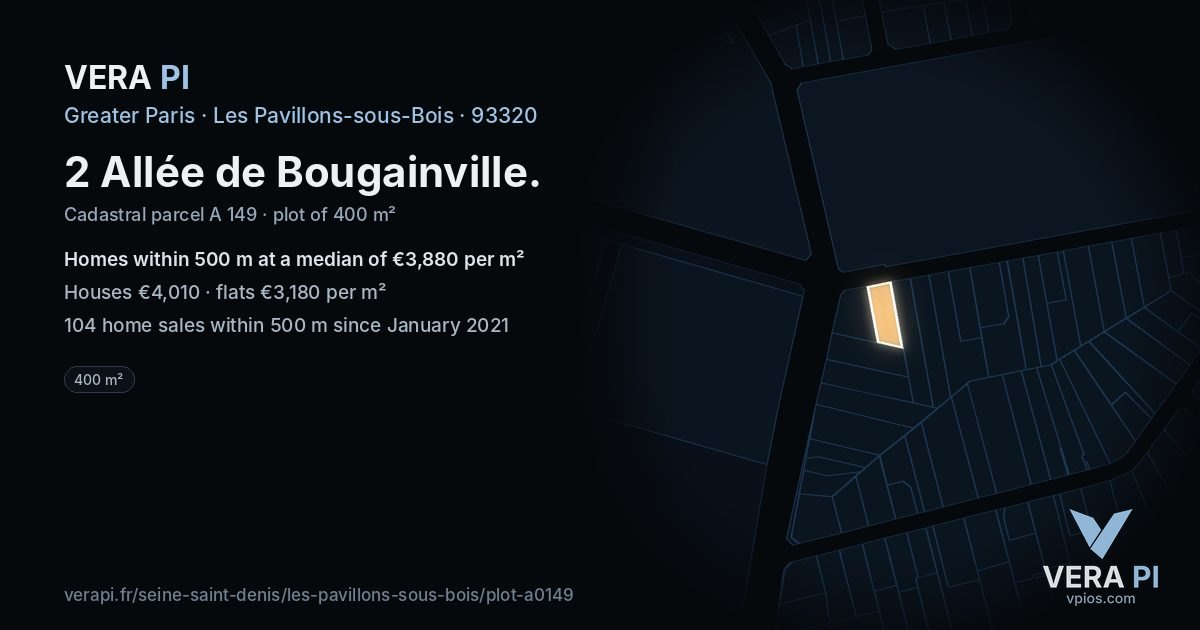 2 Allée de Bougainville, Les Pavillons-sous-Bois at night – the plot lit, the parcels around coloured by the prices near them