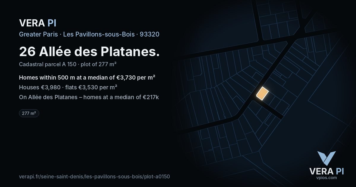 26 Allée des Platanes, Les Pavillons-sous-Bois at night – the plot lit, the parcels around coloured by the prices near them