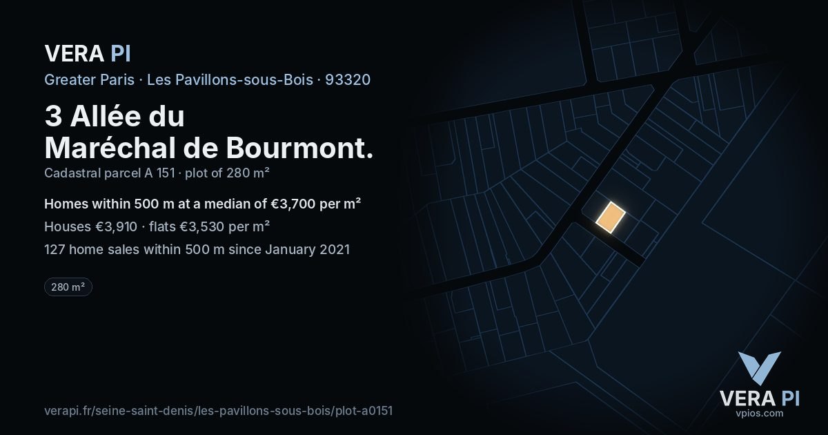 3 Allée du Maréchal de Bourmont, Les Pavillons-sous-Bois at night – the plot lit, the parcels around coloured by the prices near them