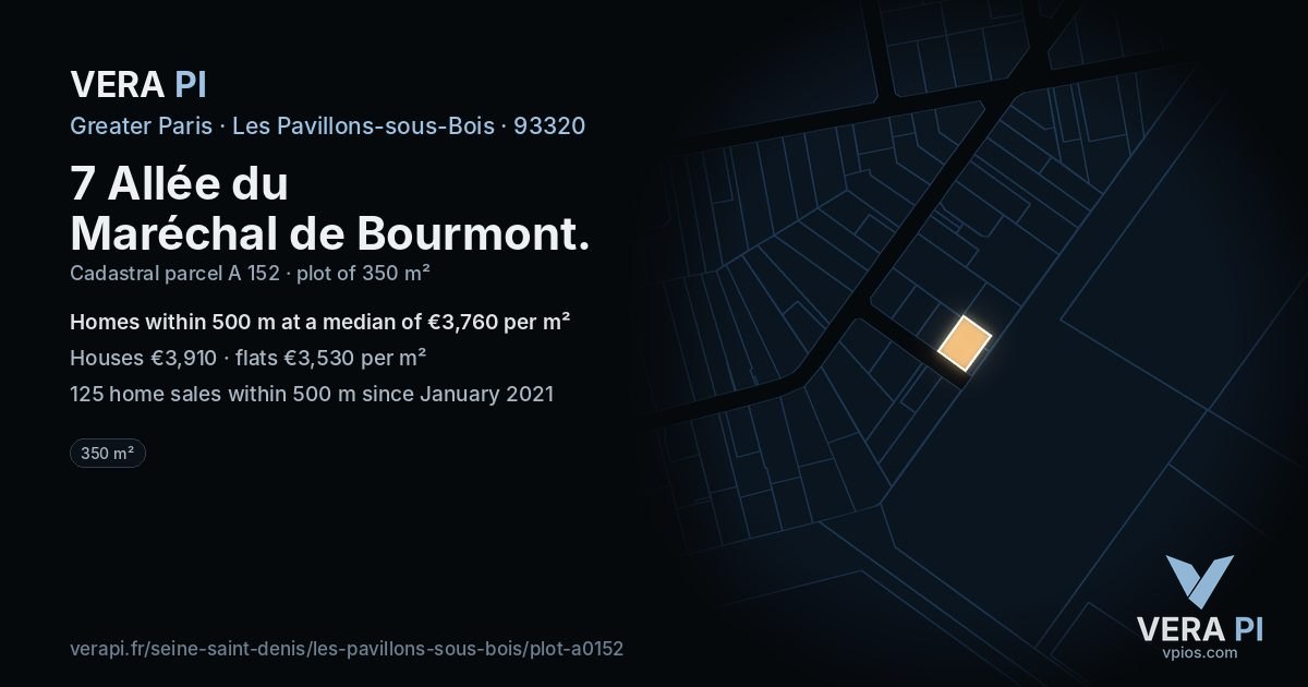 7 Allée du Maréchal de Bourmont, Les Pavillons-sous-Bois at night – the plot lit, the parcels around coloured by the prices near them