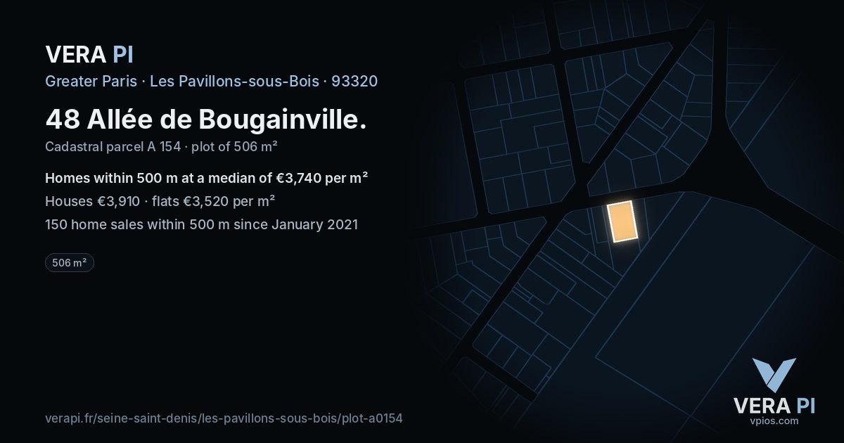 48 Allée de Bougainville, Les Pavillons-sous-Bois at night – the plot lit, the parcels around coloured by the prices near them