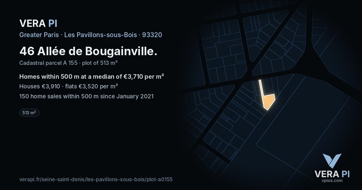 46 Allée de Bougainville, Les Pavillons-sous-Bois at night – the plot lit, the parcels around coloured by the prices near them