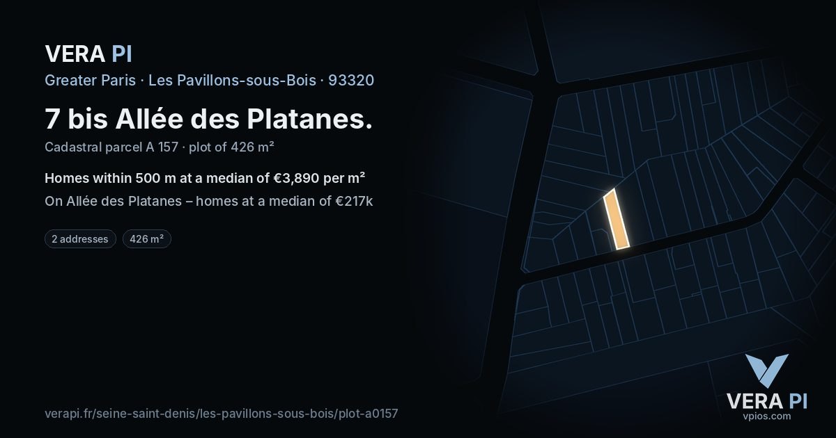 7 bis Allée des Platanes, Les Pavillons-sous-Bois at night – the plot lit, the parcels around coloured by the prices near them