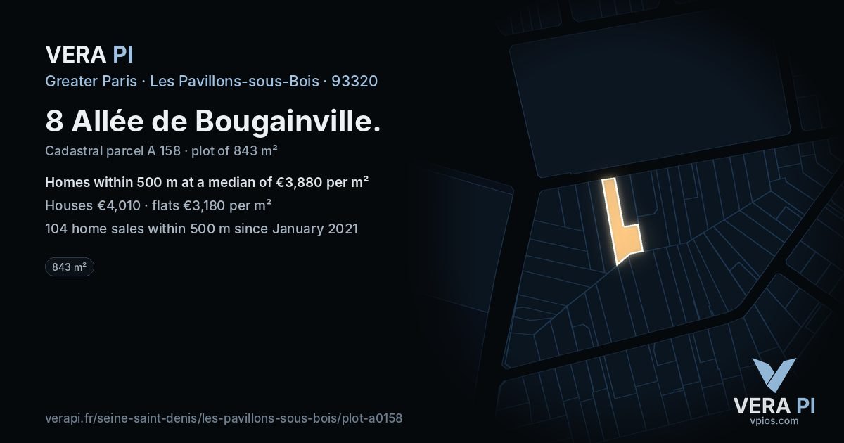 8 Allée de Bougainville, Les Pavillons-sous-Bois at night – the plot lit, the parcels around coloured by the prices near them