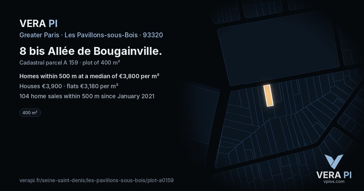 8 bis Allée de Bougainville, Les Pavillons-sous-Bois at night – the plot lit, the parcels around coloured by the prices near them