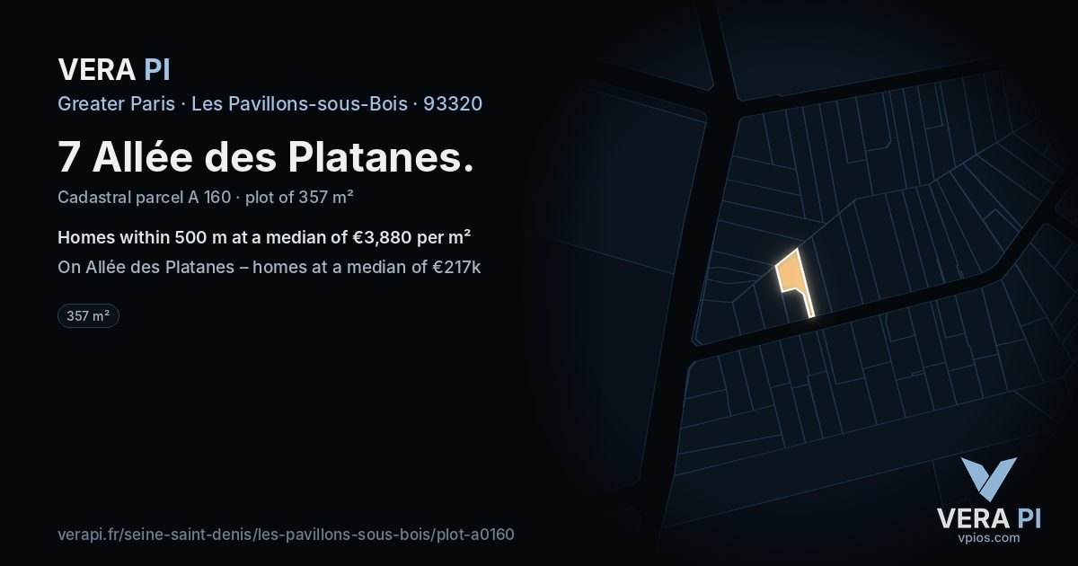 7 Allée des Platanes, Les Pavillons-sous-Bois at night – the plot lit, the parcels around coloured by the prices near them