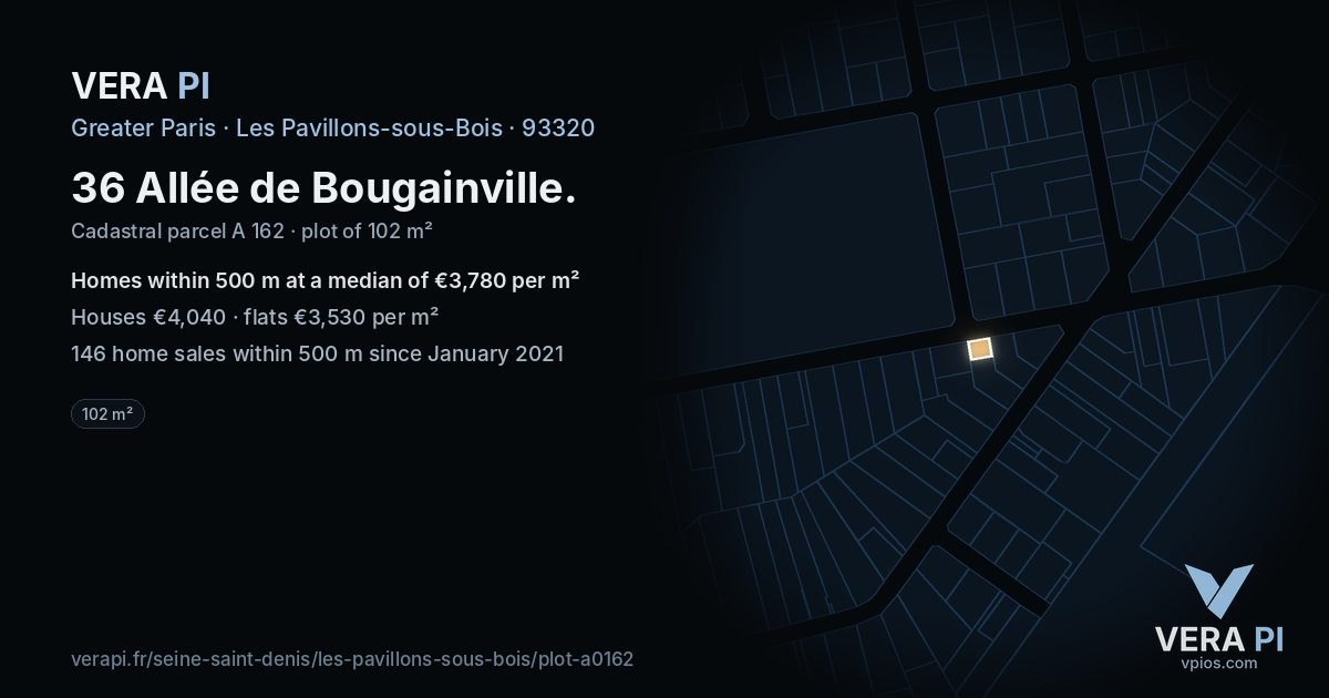 36 Allée de Bougainville, Les Pavillons-sous-Bois at night – the plot lit, the parcels around coloured by the prices near them