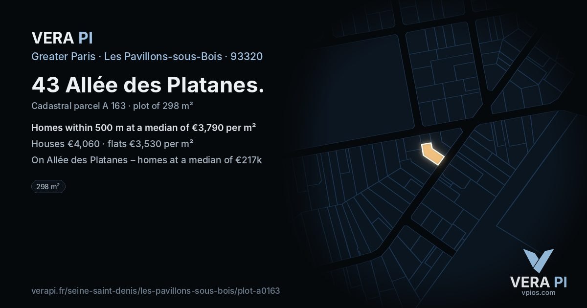 43 Allée des Platanes, Les Pavillons-sous-Bois at night – the plot lit, the parcels around coloured by the prices near them