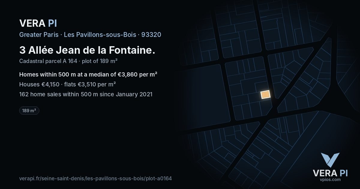 3 Allée Jean de la Fontaine, Les Pavillons-sous-Bois at night – the plot lit, the parcels around coloured by the prices near them