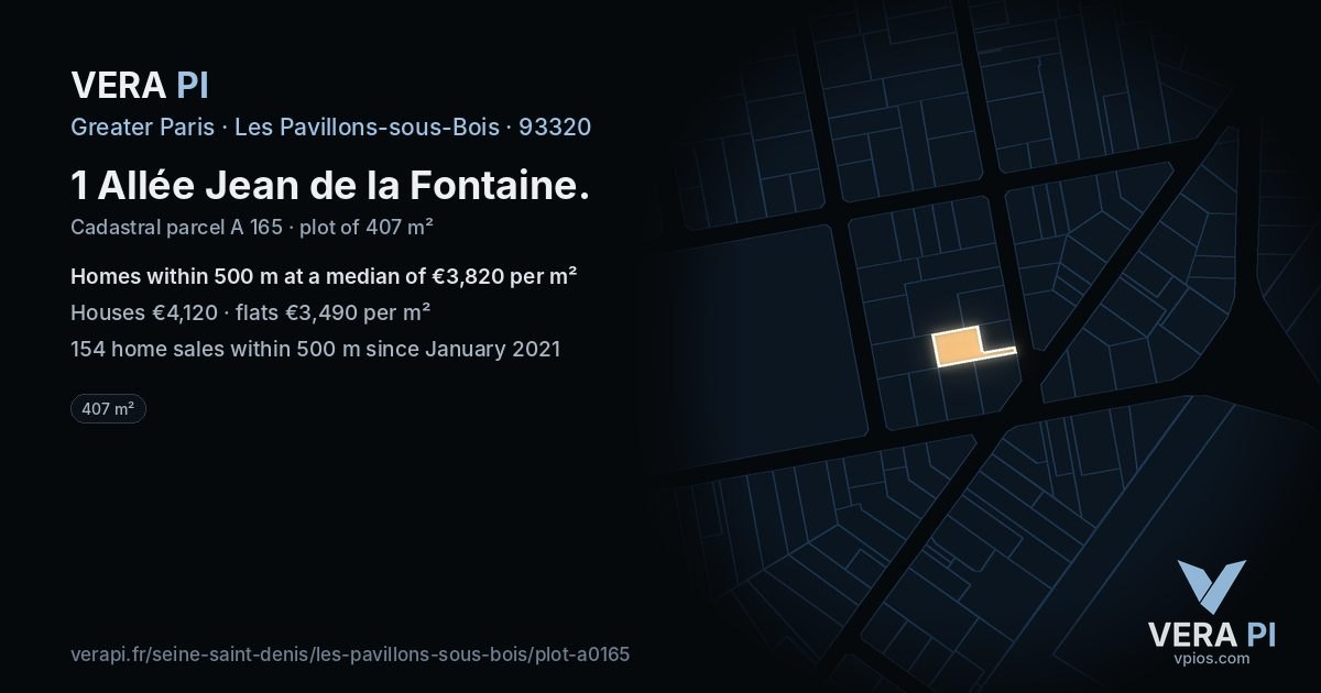 1 Allée Jean de la Fontaine, Les Pavillons-sous-Bois at night – the plot lit, the parcels around coloured by the prices near them