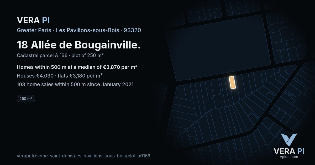 18 Allée de Bougainville, Les Pavillons-sous-Bois at night – the plot lit, the parcels around coloured by the prices near them